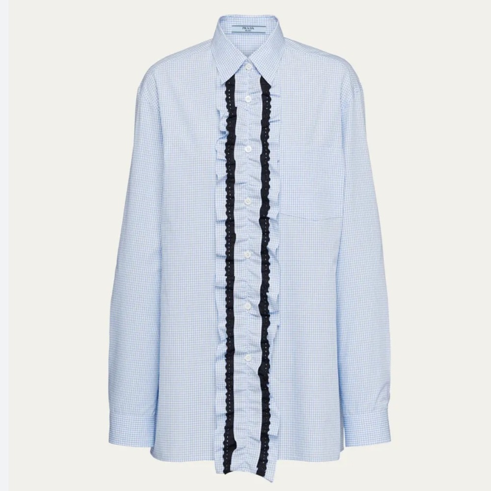 PRADA
Gingham Button-Front Shirt with Detachable Ruffle